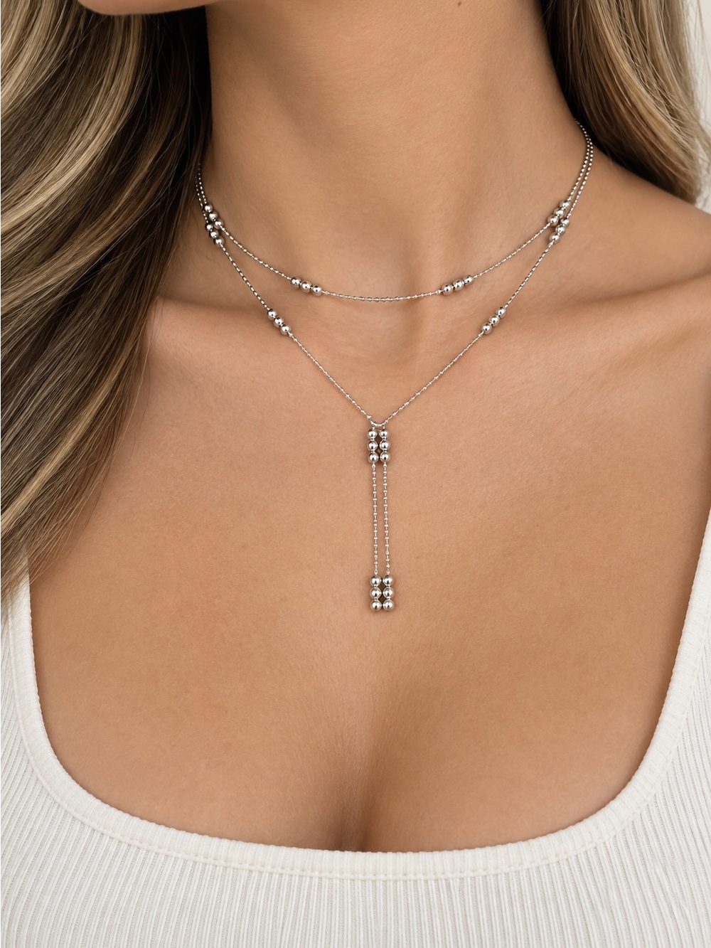 Layered Bead Drop Necklace Steel 316L choker 40 cm